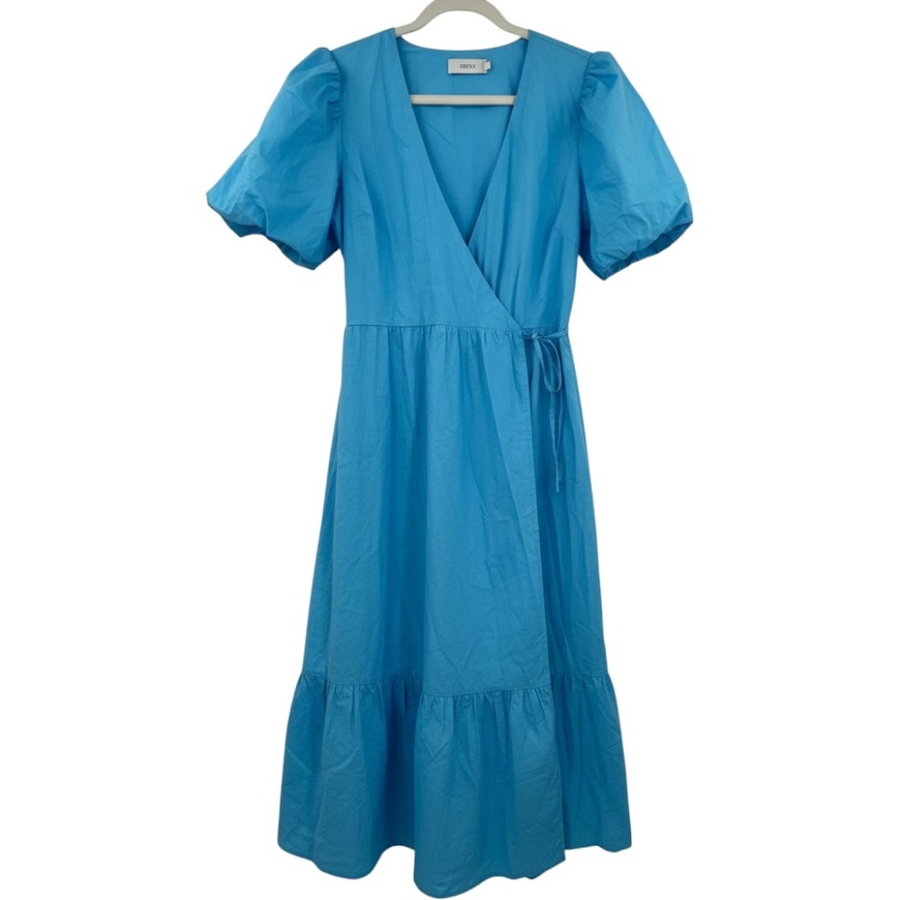 Greylin Blue‎ Cotton Wrap Midi Dress Puff Sleeve Tiered Pockets M Cottagecore